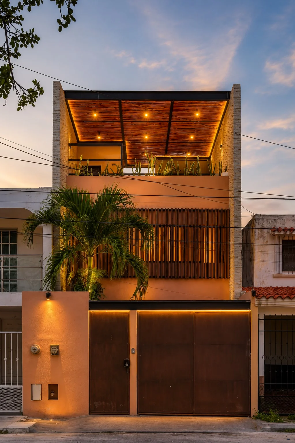 Santuario: fachada de madera iluminada al atardecer